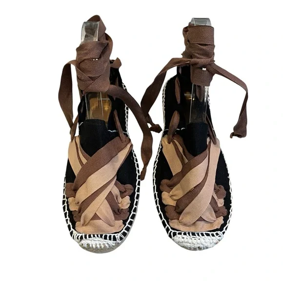 Artesania Hand Made Chic Black and Brown Espadrille Ankle Tie Flats, Sz EU 37 - Picture 4 of 15